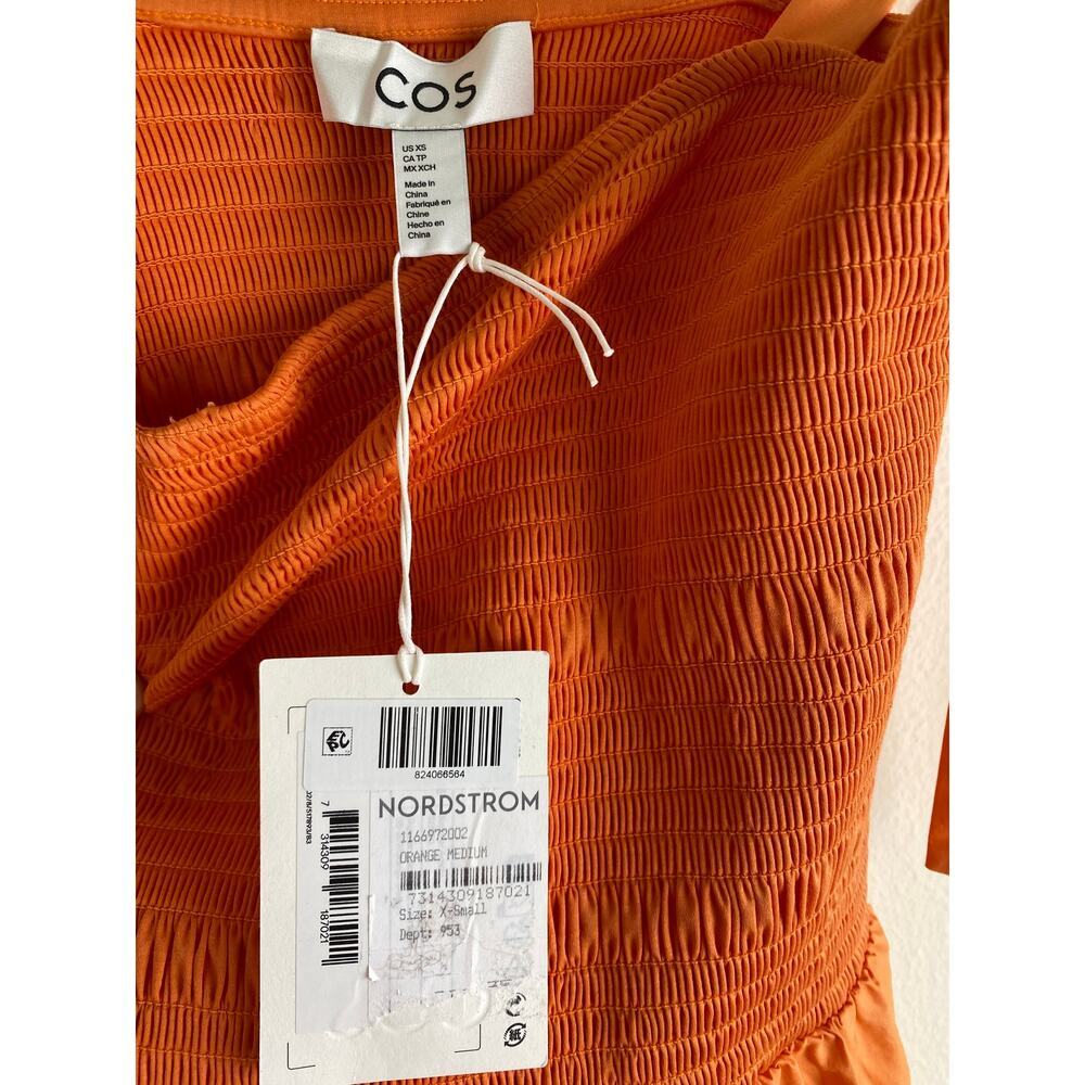 NWT COS Orange Cotton Maxi Dress Smocked Waist Tie Strap XS - Picture 10 of 15